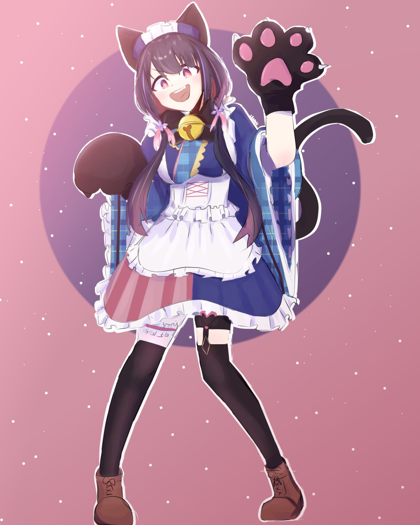 1girl :d absurdres animal_ears animal_hands ankle_boots apron asymmetrical_clothes asymmetrical_skirt bell black_bow black_bowtie black_hair black_legwear blue_dress blue_headwear blue_skirt boots bow bowtie brown_footwear cat_ears cat_paws cat_tail colored_inner_hair cross-laced_footwear dress eyebrows_visible_through_hair fake_animal_ears fang flower frilled_apron frilled_dress frilled_skirt frilled_sleeves frills gloves gradient_eyes hair_between_eyes hair_flower hair_ornament highres hina_misora knees_together_feet_apart lace-up_boots leg_garter lolita_fashion long_hair looking_at_viewer maid_apron mary_yerlein multicolored_clothes multicolored_eyes multicolored_hair multicolored_skirt neck_bell open_mouth paw_gloves paw_pose pink_background pink_eyes pink_hair pink_skirt plaid plaid_dress plaid_kimono ribbon-trimmed_sleeves ribbon_trim skirt smile standing streaked_hair striped striped_skirt symbol-shaped_pupils tail teeth thigh-highs thigh_strap two-tone_hair upper_teeth v-shaped_eyebrows vertical-striped_skirt vertical_stripes virtual_youtuber wa_lolita wactor_production white_apron white_flower wide_sleeves yellow_eyes zettai_ryouiki