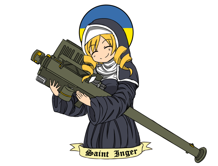 1girl absurdres blonde_hair breasts deculture drill_locks eyebrows_visible_through_hair fim-92_stinger habit halo happy head_tilt highres holding holding_weapon large_breasts mahou_shoujo_madoka_magica non-web_source original rocket_launcher russo-ukrainian_war saint_inger simple_background smile tomoe_mami ukrainian_flag weapon