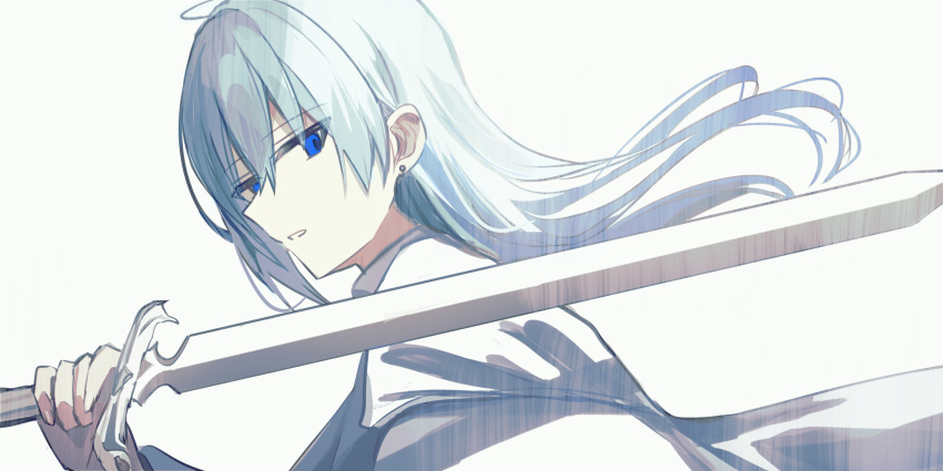 1girl absurdres bangs blue_eyes chihuri earrings eyebrows_visible_through_hair floating_hair grey_background hair_between_eyes highres holding holding_sword holding_weapon jacket jewelry long_hair original parted_lips silver_hair simple_background solo stud_earrings sword upper_body weapon white_jacket