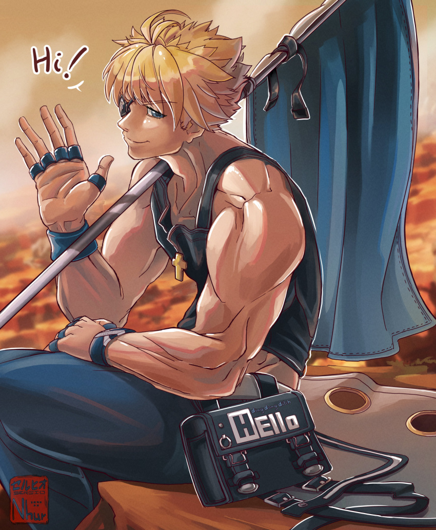 1boy absurdres arm_up artist_name blonde_hair blue_eyes canyon cross crossed_legs english_text eyepatch flag flagpole guilty_gear guilty_gear_strive highres male_focus muscular muscular_male one-eyed pouch sergio_nhur short_hair signature sin_kiske sitting speech_bubble waving