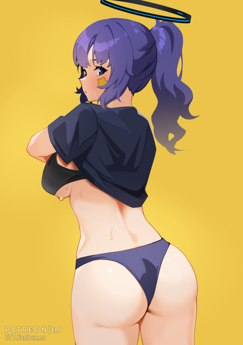 1girl ass bangs black_bra blue_archive blue_eyes blue_hair blush bra breasts closed_mouth ett from_behind halo highres large_breasts long_hair looking_at_viewer looking_back ponytail short_sleeves simple_background solo thighs underwear yellow_background yuuka_(blue_archive)