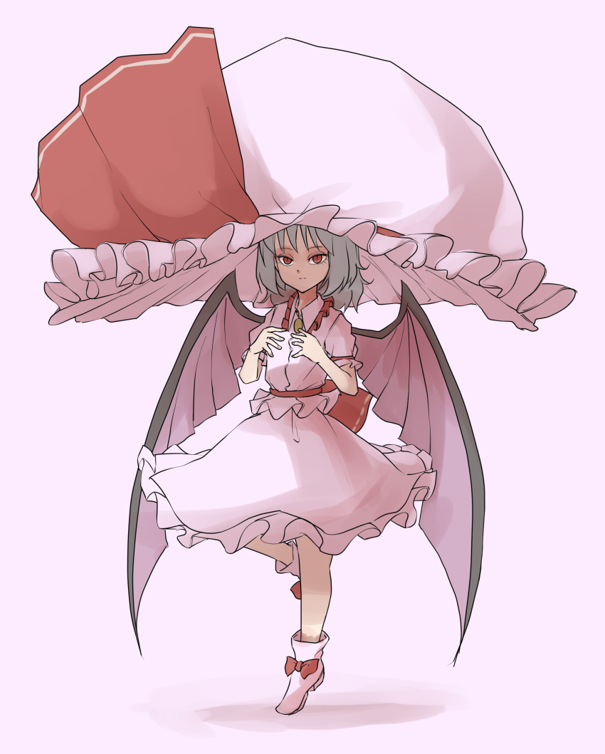 1girl absurdres dress frilled_shirt frilled_shirt_collar frilled_sleeves frills full_body hat hat_ribbon highres looking_at_viewer medium_hair mob_cap oversized_hat peroponesosu. red_eyes red_ribbon remilia_scarlet ribbon shirt short_sleeves solo standing standing_on_one_leg touhou wings