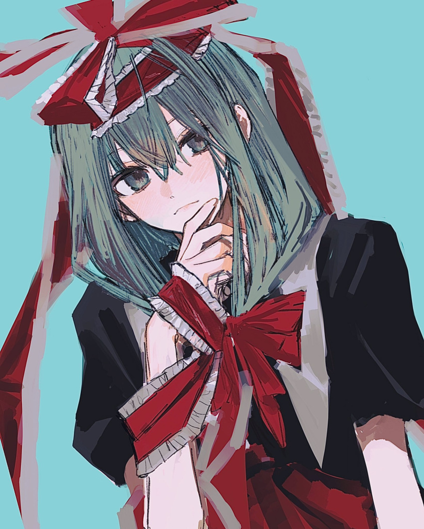1girl arm_at_side black_shirt blue_background blush bow closed_mouth eyebrows_visible_through_hair frilled_ribbon frills front_ponytail frown gotagotay green_eyes green_hair hair_between_eyes hair_bow hand_on_own_chin hand_up highres kagiyama_hina looking_at_viewer medium_hair red_bow red_ribbon red_skirt ribbon shirt short_sleeves simple_background skirt solo touhou upper_body