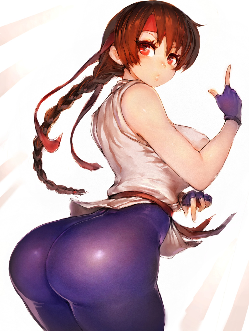 1girl ass bangs bare_shoulders black_hair blue_gloves blue_pants blush braid braided_ponytail breasts brown_eyes brown_hair clenched_hands closed_mouth commentary_request determined dougi fingerless_gloves fumio_(rsqkr) gloves headband highres lips long_hair looking_at_viewer looking_back medium_breasts open_hands pants red_eyes red_headband ryuuko_no_ken shiny shiny_clothes shiny_hair sideboob simple_background single_braid skin_tight sleeveless smile solo spandex the_king_of_fighters the_king_of_fighters_xv thick_thighs thighs yuri_sakazaki