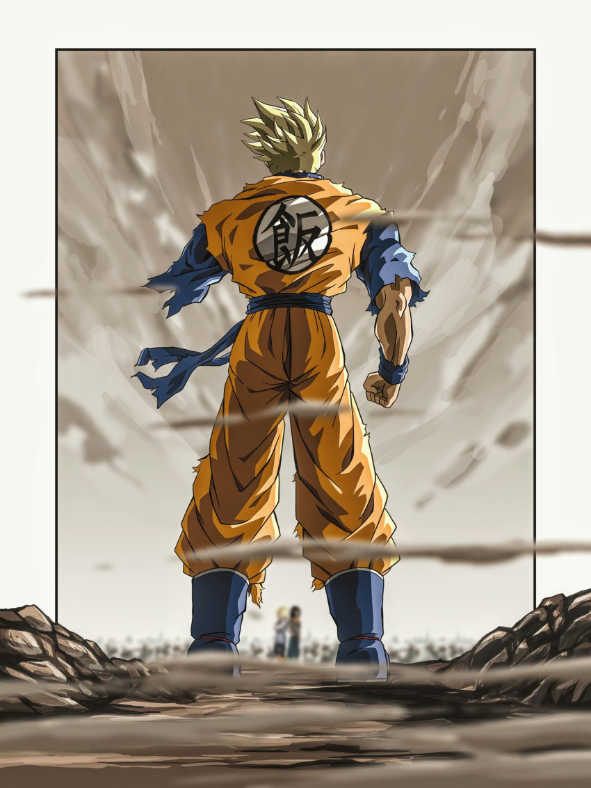 1girl 2boys amputee android_17 android_18 blue_sash blue_shirt border clenched_hand commentary_request desert dougi dragon_ball dragon_ball_z highres karate_gi missing_limb multiple_boys muscular muscular_male orange_pants orange_vest outdoors pants renh_59 sash shirt short_sleeves son_gohan super_saiyan super_saiyan_1 vest white_border wristband