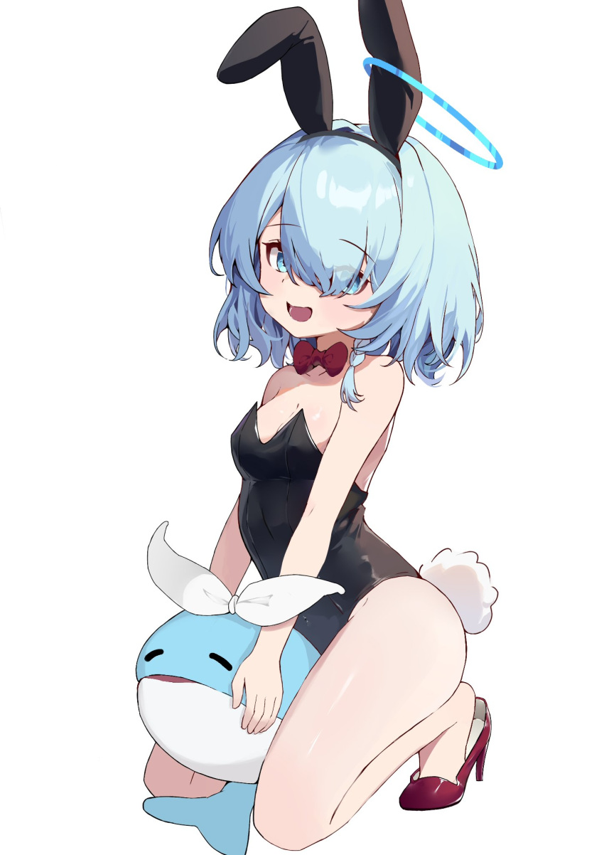 1girl :d animal_ears arona_(blue_archive) ayaha_4780828 blue_archive blue_eyes blue_hair bow bowtie braid eyebrows_visible_through_hair hair_over_one_eye halo high_heels highres looking_at_viewer playboy_bunny rabbit_ears rabbit_tail red_bow red_bowtie red_footwear ribbon short_hair single_braid smile solo tail whale white_ribbon