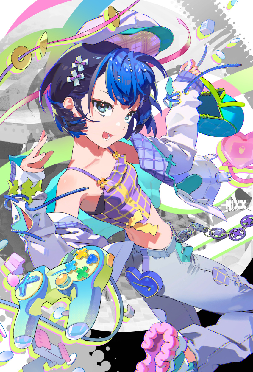 1girl aqua_eyes artist_name bag bangs bare_shoulders black_hair blue_hair camisole collarbone controller crop_top hair_ornament handbag hands_up hat hat_removed headwear_removed highres jacket midriff multicolored_hair nixxing_niwa open_clothes open_jacket open_mouth original pants purple_camisole shoes short_hair signature sneakers solo teeth two-tone_hair white_legwear white_pants x_hair_ornament