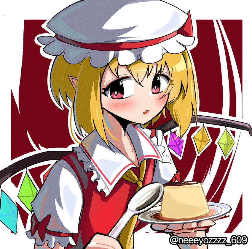 1girl ascot bangs blonde_hair crystal custard flandre_scarlet hat hat_ribbon highres holding holding_spoon looking_at_viewer mob_cap outline pointy_ears red_eyes red_ribbon ribbon short_hair short_sleeves solo spam_(spamham4506) spoon touhou twitter_username upper_body white_headwear white_outline wings yellow_ascot