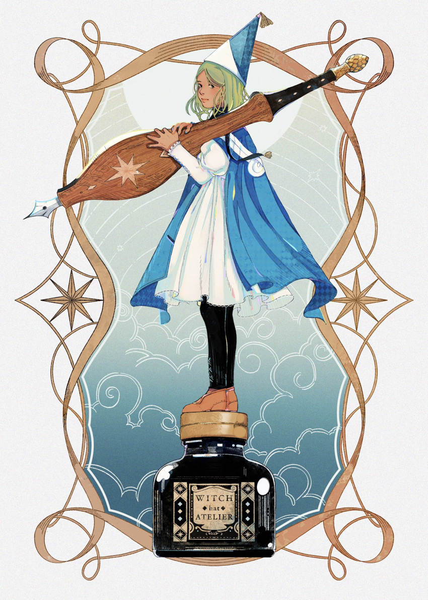 1girl blue_headwear brown_footwear coco_(tongari_boushi_no_atelier) copyright_name english_text green_eyes green_hair hat highres holding ink ink_bottle long_sleeves looking_at_viewer nib_pen_(object) pen pimientosdulces qifrey's_atelier_apprentice_uniform short_hair solo tongari_boushi_no_atelier