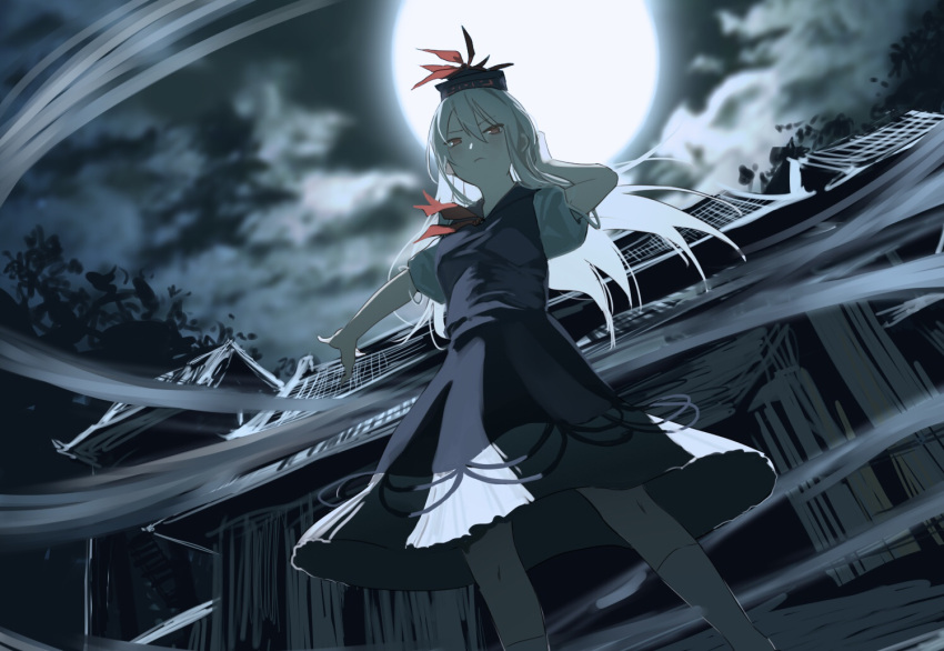1girl architecture blue_dress blue_headwear blush building closed_mouth clouds cloudy_sky commentary dress east_asian_architecture feet_out_of_frame floating_hair from_below frown full_moon hair_between_eyes hat kamishirasawa_keine long_hair looking_at_viewer moon neckerchief night night_sky outdoors outstretched_arm puffy_short_sleeves puffy_sleeves red_eyes red_neckerchief short_sleeves sky socks solo tokin_hat touhou tuck v-shaped_eyebrows white_hair white_legwear