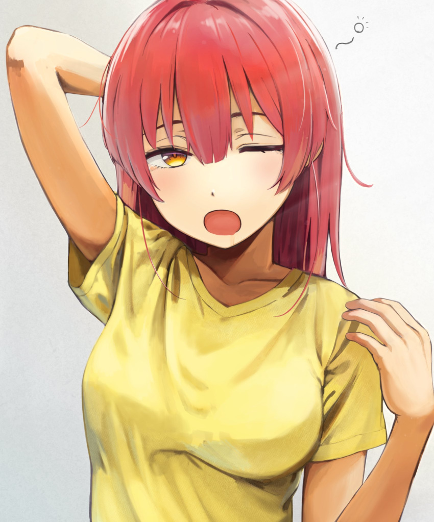 1girl arm_up breasts collarbone hair_between_eyes hand_up highres long_hair looking_at_viewer medium_breasts one_eye_closed original potato_iida redhead saliva shirt short_sleeves sleepy solo t-shirt upper_body yellow_eyes yellow_shirt