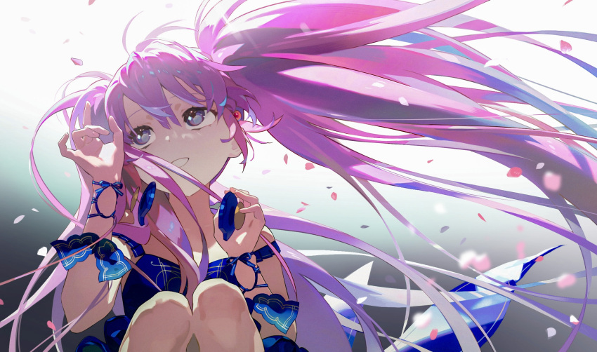 1girl alternate_eye_color alternate_hair_color bangs blue_dress blue_eyes breasts cherry_blossoms cherry_hair_ornament dress food-themed_hair_ornament hair_ornament hatsune_miku headphones headphones_around_neck highres long_hair looking_up medium_breasts nixxing_niwa pink_eyes pink_hair sakura_miku solo twintails very_long_hair vocaloid