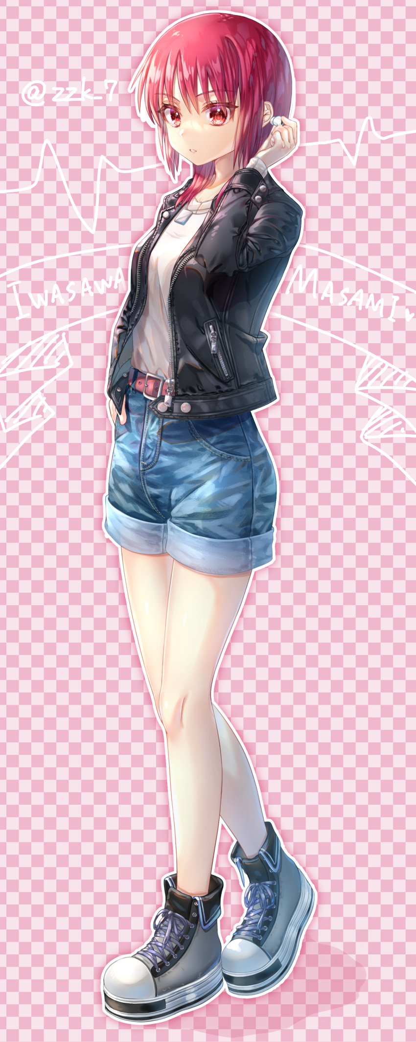 1girl absurdres alternate_costume angel_beats! belt belt_buckle black_jacket blue_shorts brown_belt buckle character_name commentary_request denim denim_shorts english_text eyebrows_visible_through_hair full_body hand_in_pocket highres iwasama_masami jacket jewelry leather leather_jacket long_sleeves looking_at_viewer medium_hair mixed-language_commentary necklace parted_lips pocket red_eyes redhead shirt shoes short_shorts shorts sneakers solo twitter_username white_shirt wireless_earphones zipper zuzuhashi