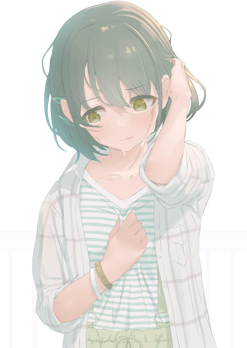1girl absurdres blush green_eyes hair_ornament hair_tucking hairclip highres holding holding_clothes holding_shirt idolmaster idolmaster_shiny_colors jacket looking_away looking_down nanakusa_nichika plaid plaid_jacket shirt short_hair shorts simple_background sleeves_rolled_up solo striped striped_shirt suspender_shorts suspenders sweatdrop umirororo upper_body white_background wristband