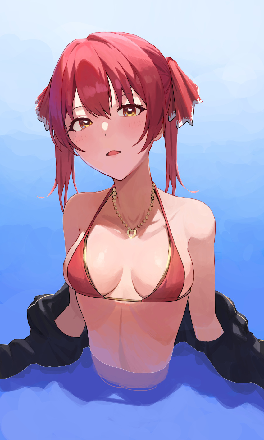1girl absurdres alternate_eye_color bikini black_jacket blush breasts commentary eyebrows_visible_through_hair hair_ribbon heart heart_necklace highres hololive houshou_marine jacket looking_at_viewer medium_breasts medium_hair off_shoulder official_alternate_costume open_clothes open_jacket open_mouth red_bikini red_ribbon redhead ribbon solo starshell swimsuit twintails upper_body virtual_youtuber wading water yellow_eyes