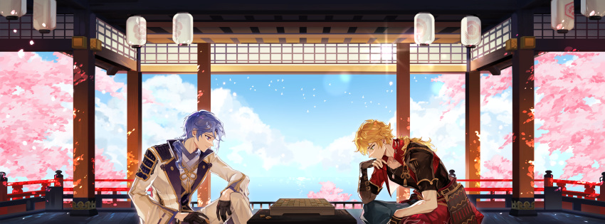 2boys absurdres armor bangs bird black_gloves blonde_hair blue_hair board_game cherry_blossoms closed_mouth clouds day dl_mask dog_tags ear_piercing fingerless_gloves from_side genshin_impact gloves green_eyes highres japanese_armor japanese_clothes kamisato_ayato lantern long_hair male_focus multiple_boys petals piercing ponytail profile railing shogi sitting sky thoma_(genshin_impact) violet_eyes wide_sleeves