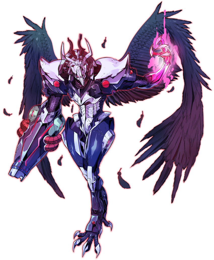 absurdres arm_cannon commission english_commentary feathers glowing glowing_hand highres horns looking_to_the_side metroid metroid_dread no_humans open_hand pillar_buster raven_beak_(metroid) science_fiction solo weapon white_background wings