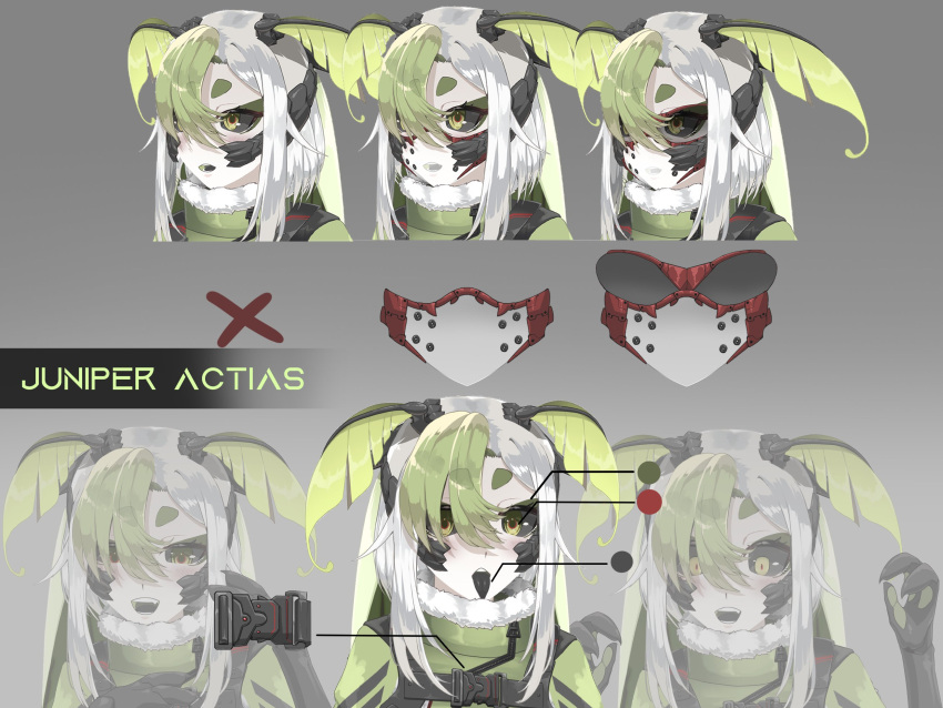 1girl black_sclera character_name color_guide colored_sclera commentary english_commentary eyebrows_visible_through_hair green_eyes green_hair grey_background hair_between_eyes highres indie_virtual_youtuber juniper_(artist) juniper_actias mask multiple_views open_mouth silver_hair simple_background teeth tongue tongue_out virtual_youtuber