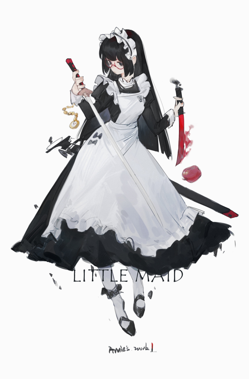 1girl absurdres apron bangs black_dress black_eyes black_hair commentary dress english_text frilled_apron frilled_hairband frills full_body glasses hairband highres holding holding_sword holding_weapon long_hair maid maid_apron original red-framed_eyewear round_eyewear solo sword torio02446440 weapon