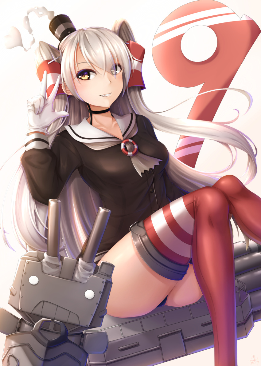 1girl absurdres amatsukaze_(kancolle) breasts brown_dress dress gloves grey_neckerchief hair_tubes hat highres kantai_collection lifebuoy_ornament long_hair long_sleeves mini_hat neckerchief red_legwear rensouhou-kun sailor_dress seiya_(iiseven) short_dress silver_hair sitting small_breasts smokestack_hair_ornament striped striped_legwear thigh-highs two_side_up white_gloves windsock