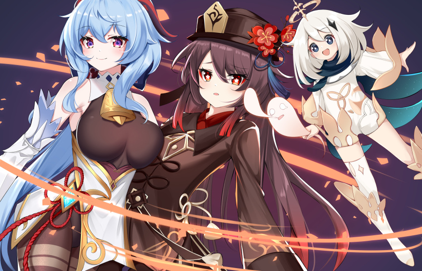 3girls absurdres bangs bare_shoulders bell black_legwear black_leotard black_scarf blue_hair blush bodystocking bodysuit breasts brown_hair catnnn chinese_knot collared_coat detached_sleeves dress eyebrows_visible_through_hair flower-shaped_pupils flower_knot ganyu_(genshin_impact) genshin_impact ghost gold_trim groin halo hat hat_ornament highres horns hu_tao_(genshin_impact) large_breasts leotard leotard_under_clothes long_hair looking_at_viewer multiple_girls neck_bell open_mouth paimon_(genshin_impact) parted_lips porkpie_hat red_eyes scarf sidelocks small_breasts smile symbol-shaped_pupils thighlet thighs violet_eyes vision_(genshin_impact) white_dress white_hair white_sleeves