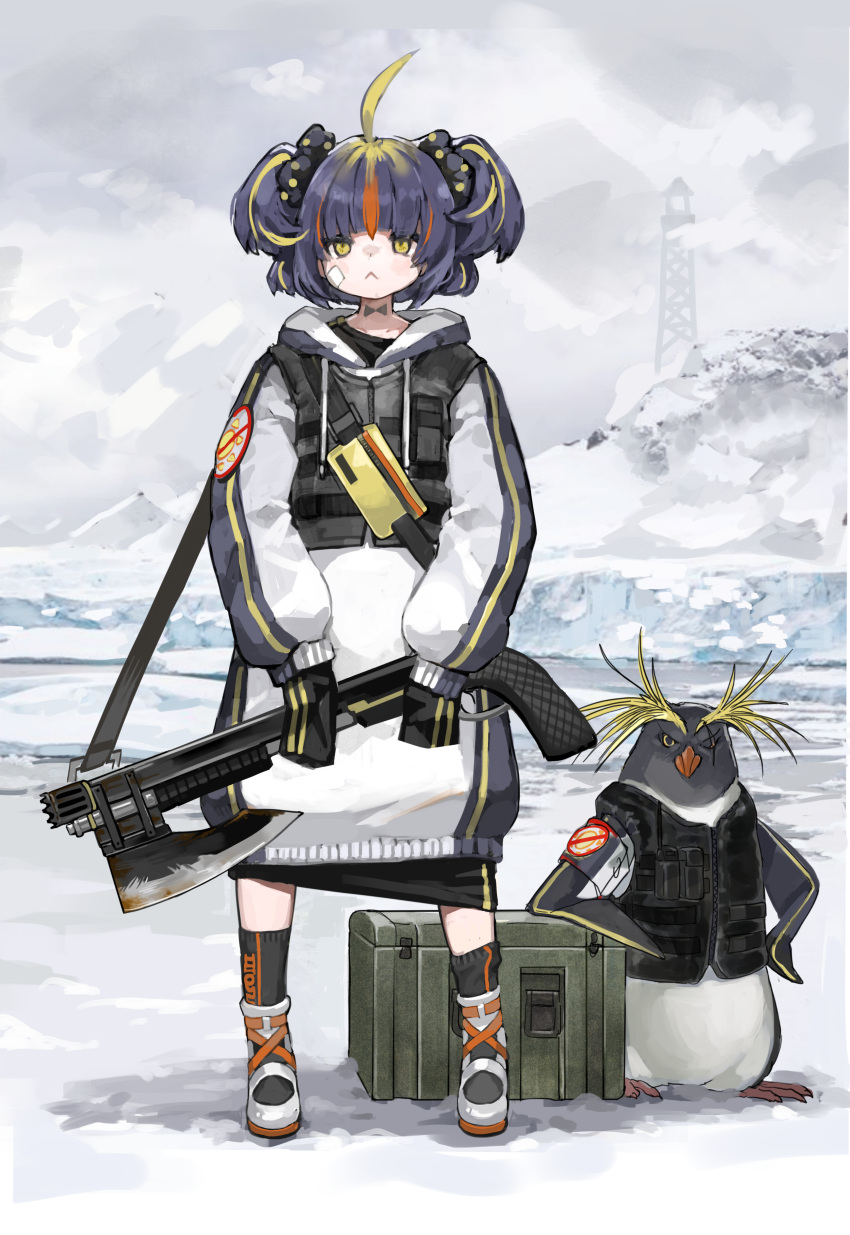 1girl :&lt; absurdres ahoge animal armband axe bangs bird black_hair black_legwear blonde_hair blunt_bangs boots building closed_mouth clouds cloudy_sky coat day hair_ornament hair_scrunchie highres holding holding_axe holding_weapon iceberg kkaebing multicolored_hair original outdoors penguin penguin_girl scar scar_across_eye scrunchie short_twintails sky sleeves_past_fingers sleeves_past_wrists snow socks standing streaked_hair twintails vest weapon weapon_request yellow_eyes