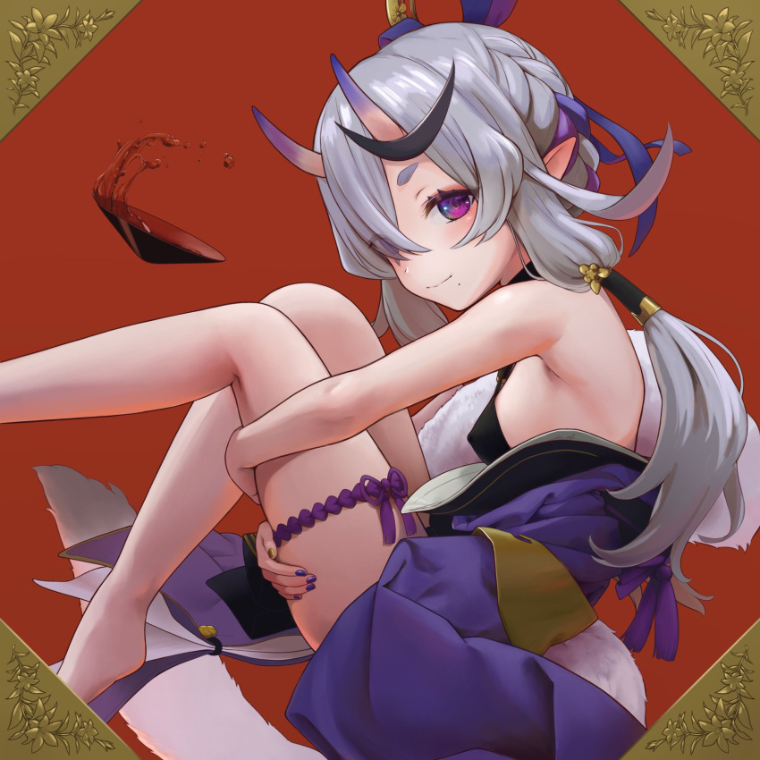 1girl armpits bangs bare_shoulders barefoot braid breasts cup from_side gold_nails hair_over_one_eye hair_ribbon hair_tubes highres horns hugging_own_legs japanese_clothes kimono looking_at_viewer low_twintails mole mole_under_mouth multicolored_hair nail_polish nijisanji oni oni_horns potato_iida purple_hair purple_kimono purple_nails ribbon rindou_mikoto sakazuki sideboob silver_hair sitting small_breasts smile solo streaked_hair thick_eyebrows thigh_strap thighs twintails two-tone_hair violet_eyes