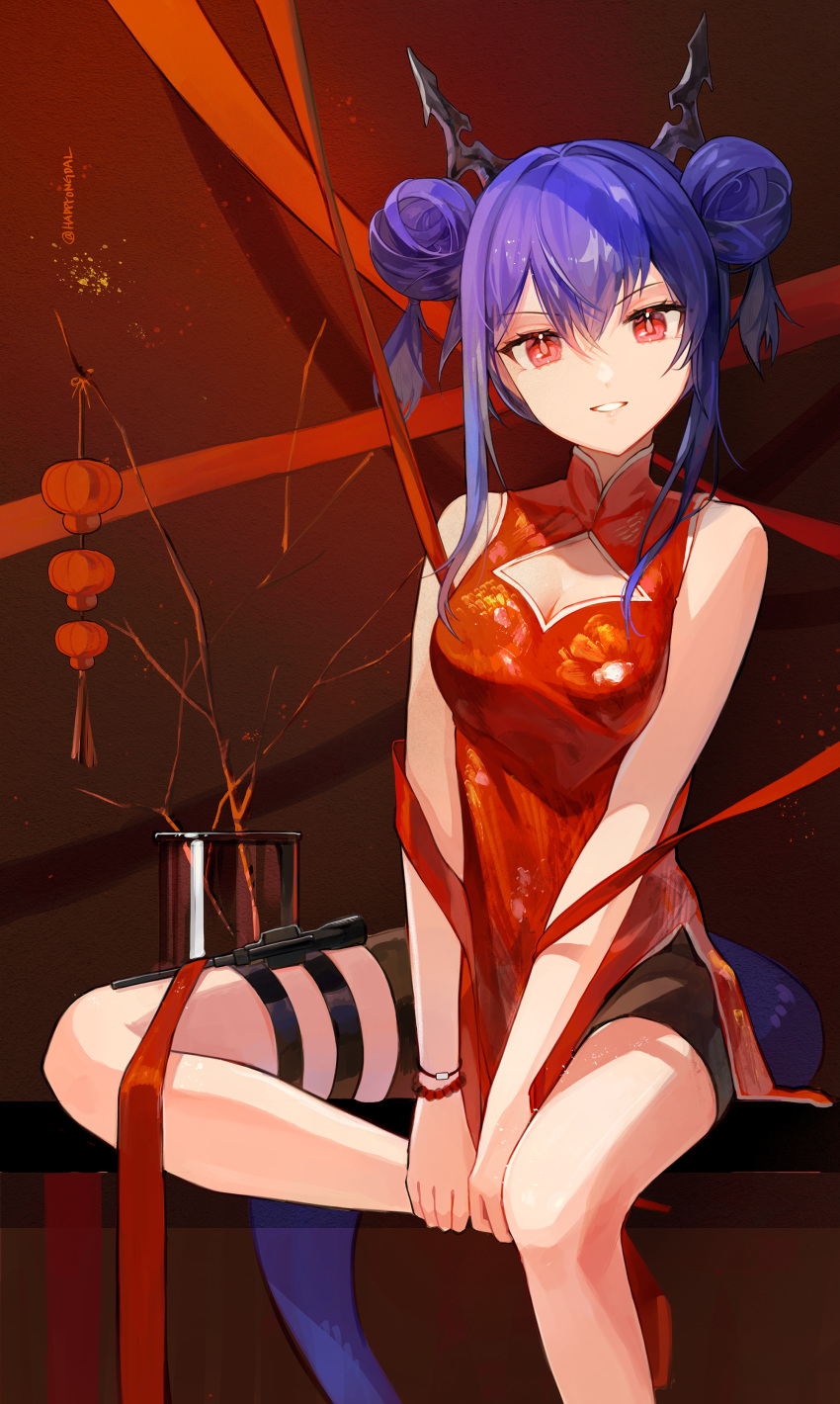 1girl absurdres arknights blue_hair bracelet ch'en_(ageless_afterglow)_(arknights) ch'en_(arknights) china_dress chinese_clothes cleavage_cutout clothing_cutout double_bun dress happyongdal high_heels highres horns jewelry red_eyes shorts_under_dress sitting tail