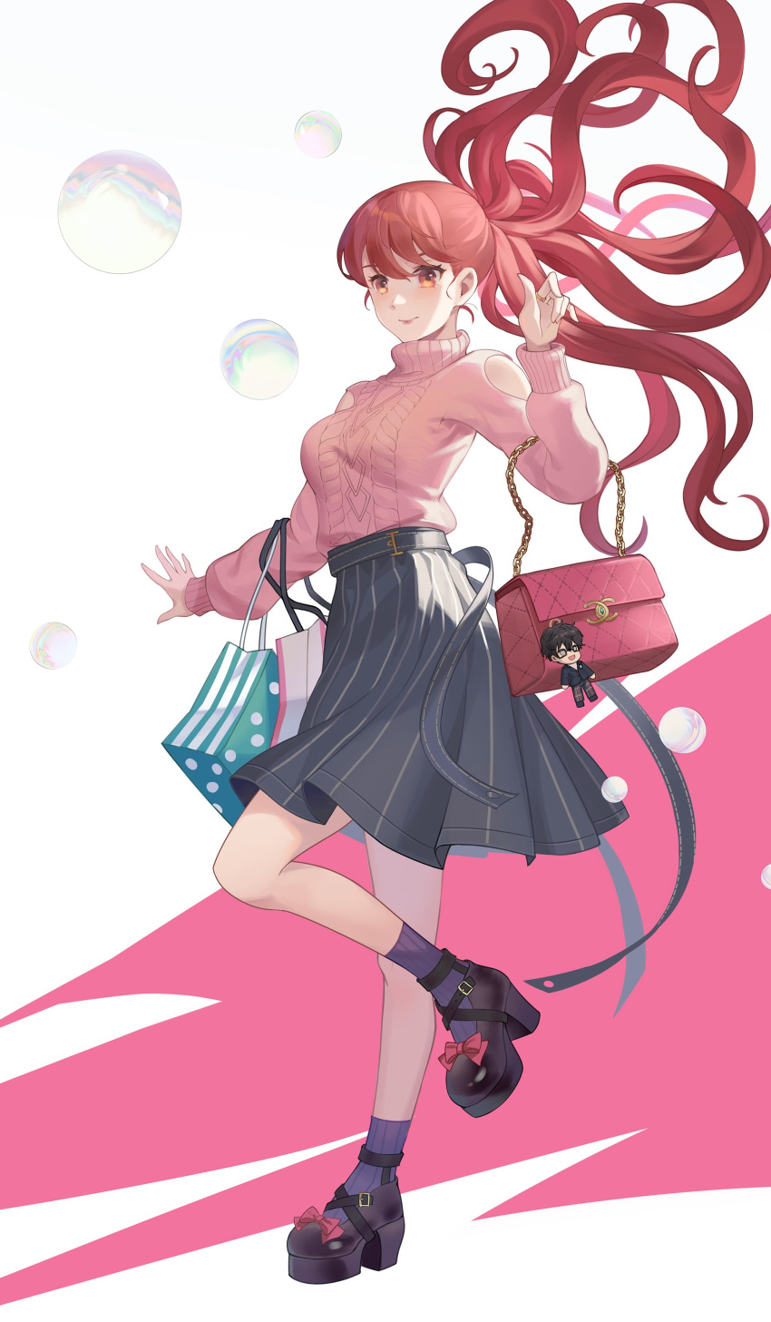 1girl absurdres amamiya_ren bag bangs chain closed_mouth clothing_cutout floating_hair grey_skirt hand_up handbag high_heels highres jewelry jolker long_hair long_sleeves persona persona_5 persona_5_the_royal pink_sweater ponytail purple_legwear red_eyes redhead ring shoes skirt smile socks solo standing standing_on_one_leg sweater turtleneck turtleneck_sweater yoshizawa_kasumi