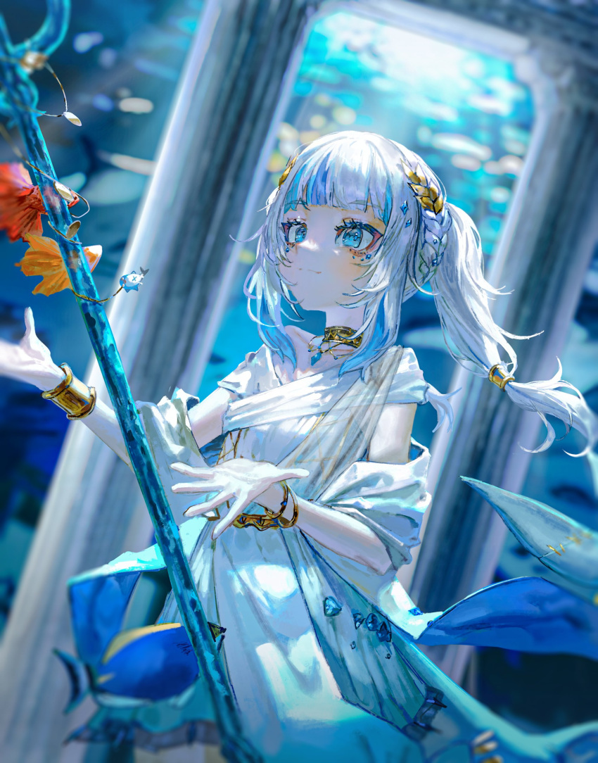 1girl absurdres bangs blue_eyes blue_hair bracelet braid choker dress eyebrows_visible_through_hair fish french_braid gawr_gura greek_clothes highres hololive hololive_english jewelry laurel_crown multicolored_hair polearm quasarcake shark_girl solo streaked_hair trident twintails underwater virtual_youtuber weapon white_hair