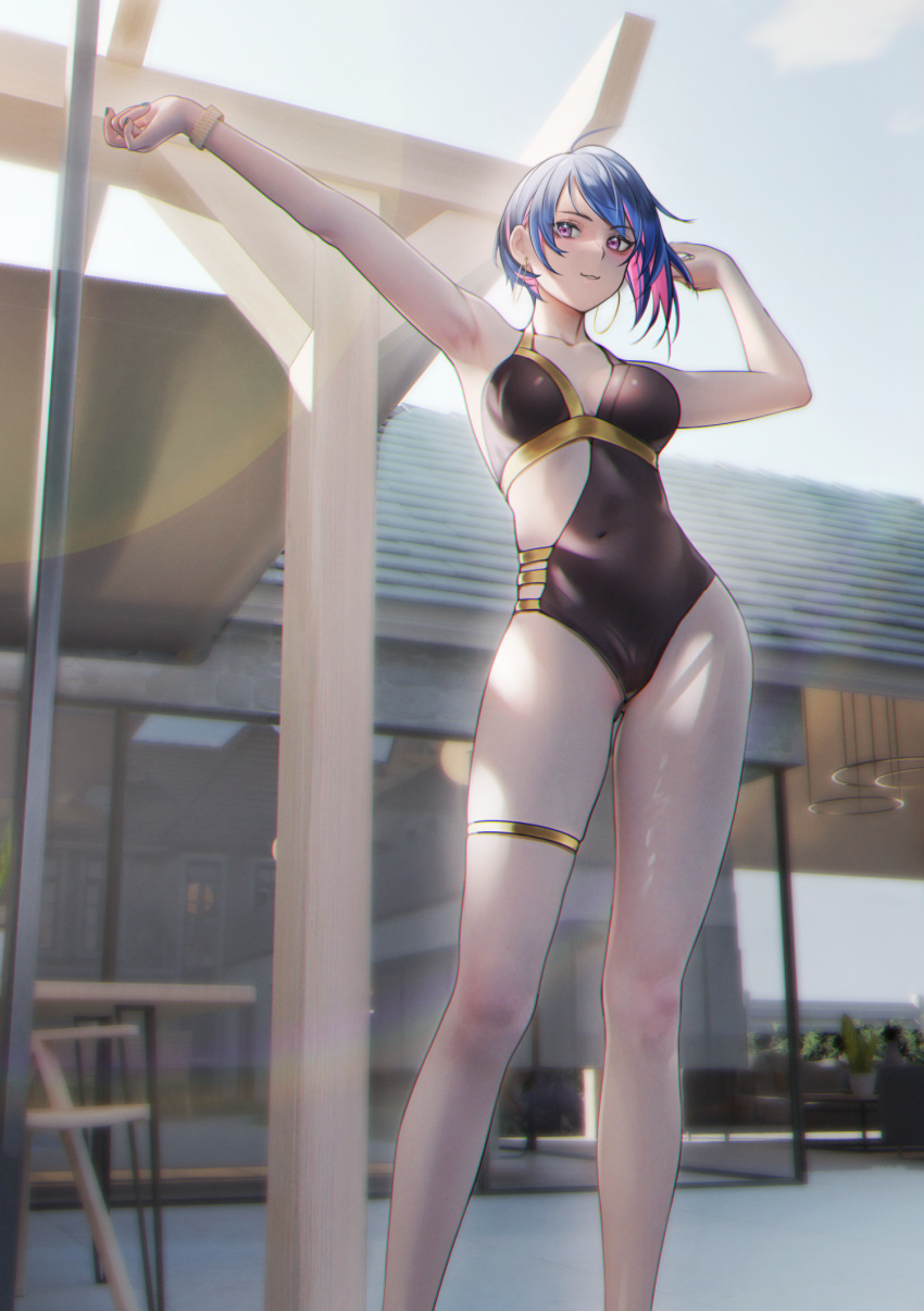 1girl armpits arms_up black_swimsuit blue_hair bob_cut bracelet breasts collarbone covered_navel earrings feet_out_of_frame halterneck highres hoop_earrings inverted_bob jewelry long_legs looking_at_viewer medium_breasts multicolored_hair nail_polish nanaken_nana one-piece_swimsuit original outdoors parted_lips pink_eyes pink_hair short_hair solo standing swimsuit thigh_strap thighs two-tone_hair