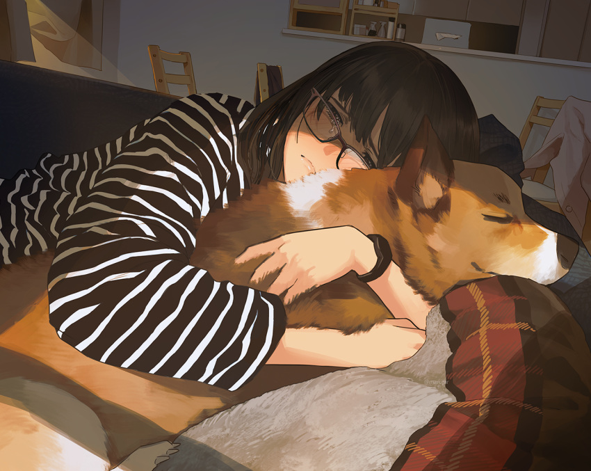 1girl bangs black_hair blush brown_eyes couch crying frown glasses hug looking_at_viewer lying medium_hair morifumi on_couch original sad shirt solo striped striped_shirt symbol-only_commentary tears watch watch welsh_corgi