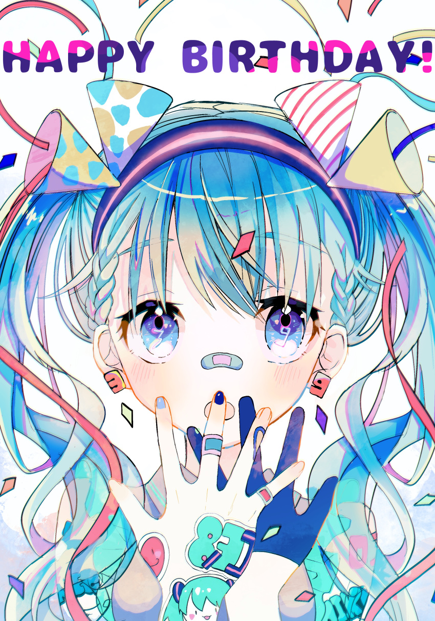 1girl 39 :o absurdres bandaid bandaid_on_face bandaid_on_hand bandaid_on_nose bangs birthday blue_eyes blue_hair blush braid braided_bangs collared_shirt confetti covering_mouth earrings english_text frilled_sleeves frills hand_over_own_mouth hat hatsune_miku headband highres jewelry kurebe long_hair looking_away looking_up party_hat ribbon shirt sleeveless sleeveless_shirt spread_fingers sticker symbol_in_eye translucent_hair twintails vocaloid