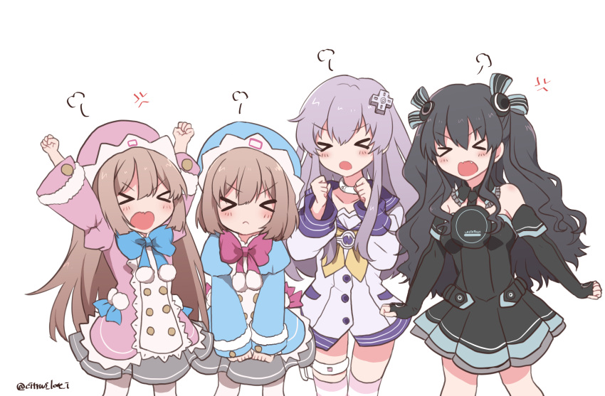 &gt;_&lt; 4girls angry bare_shoulders black_hair blush bow brown_hair closed_eyes commentary_request cowboy_shot d-pad d-pad_hair_ornament dress elbow_gloves fingerless_gloves gloves hair_between_eyes hair_ornament hair_ribbon haruna_(citrus_love_i) hat highres long_hair long_sleeves multiple_girls nepgear neptune_(series) open_mouth purple_hair ram_(neptune_series) ribbon rom_(neptune_series) short_hair siblings simple_background sisters striped striped_legwear thigh-highs twins twitter_username uni_(neptune_series) white_background