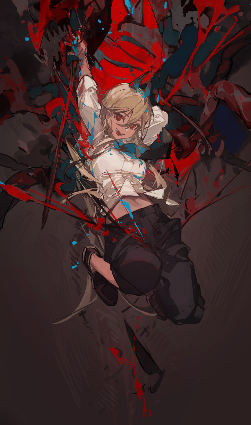 +_+ 1girl absurdres arms_up blonde_hair blood blood_on_hands breasts chainsaw_man ciloranko collared_shirt demon_girl demon_horns dress_shirt floating full_body hair_between_eyes highres horns knees_up long_hair long_sleeves medium_breasts necktie open_mouth pants power_(chainsaw_man) red_eyes red_horns sharp_teeth shirt shoes smile solo teeth white_shirt