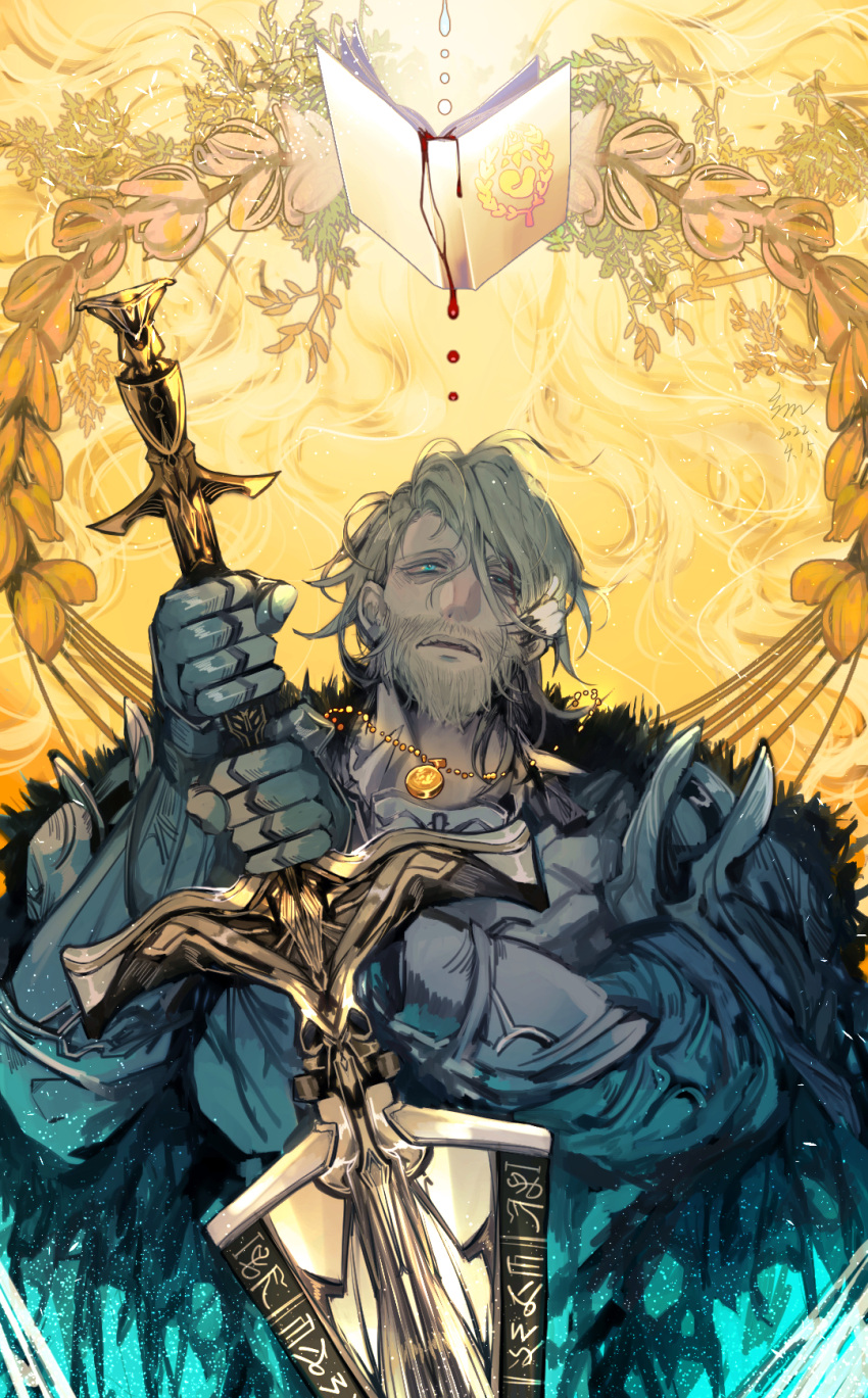 1boy 1girl aqua_eyes armor bangs beard blonde_hair blood blood_drip book chinese_commentary commentary_request earth_mother facial_hair father_utravsky hand_on_another's_cheek hand_on_another's_face highres holding holding_sword holding_weapon jewelry jueqinunique lord_of_the_mysteries medallion mustache nail nail_polish necklace open_book plant sword symbol weapon