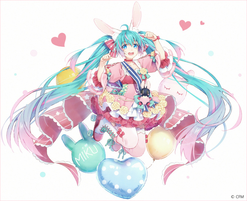 1girl :d ahoge animal_ear_fluff animal_ears aqua_hair arm_up balloon blue_eyes boots bow character_name commentary cross-laced_footwear dress flower gradient_hair hair_bow hakusai_(tiahszld) hand_up hatsune_miku heart heart_balloon lace-up_boots long_hair looking_at_viewer midair multicolored_hair open_mouth pink_dress pink_hair puffy_short_sleeves puffy_sleeves rabbit_ears red_bow revision roller_skates rose short_sleeves skates smile solo striped striped_bow teeth thigh-highs thighhighs_under_boots twintails upper_teeth very_long_hair vocaloid white_background white_footwear white_legwear yellow_flower yellow_rose