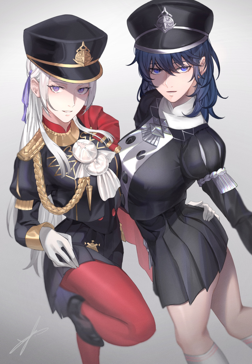 2girls absurdres alternate_costume ass bangs blue_eyes blue_hair breasts byleth_(fire_emblem) byleth_eisner_(female) cape edelgard_von_hresvelg fire_emblem fire_emblem:_three_houses garreg_mach_monastery_uniform gloves hair_ornament hair_ribbon hat highres long_hair long_sleeves looking_at_viewer multiple_girls pantyhose red_cape ribbon simple_background skirt smile toho10min uniform violet_eyes white_hair