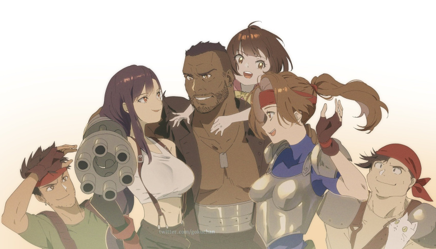 3boys 3girls :d amputee armor bandana barret_wallace beard biggs_(ff7) black_hair black_skirt breastplate brown_eyes brown_hair cat covered_collarbone crop_top earrings elbow_gloves facial_hair father_and_daughter final_fantasy final_fantasy_vii final_fantasy_vii_remake fingerless_gloves gloves goku-chan green_shirt grin headband highres jessie_rasberry jewelry long_hair marlene_wallace midriff multiple_boys multiple_girls muscular muscular_male open_mouth ponytail prosthesis prosthetic_arm prosthetic_weapon red_eyes shirt skirt smile suspender_skirt suspenders t-shirt tank_top teeth tifa_lockhart twitter_username upper_body upper_teeth wedge_(ff7) white_cat white_tank_top