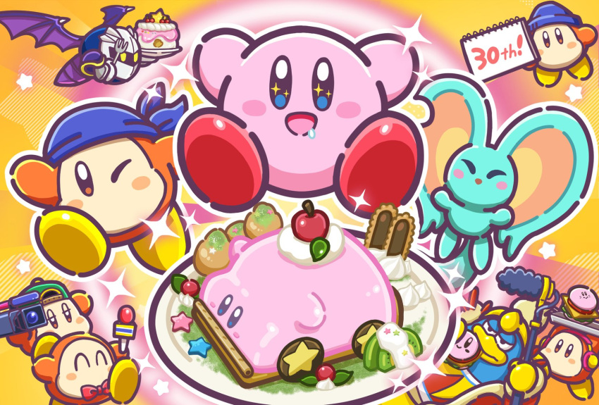anniversary armor artist_request bandana_waddle_dee bat_wings blue_eyes blush_stickers boom_microphone brown_eyes burger cake camera channel_ppp cherry closed_eyes commentary_request drooling elfilin food fork fruit highres holding holding_cake holding_food king_dedede kirby kirby's_dream_land kirby_(series) kirby_and_the_forgotten_land mask meta_knight microphone no_humans no_mouth notepad official_art one_eye_closed open_mouth plate shoulder_armor smile sparkle sparkling_eyes star_(symbol) tray waddle_dee wings yellow_eyes