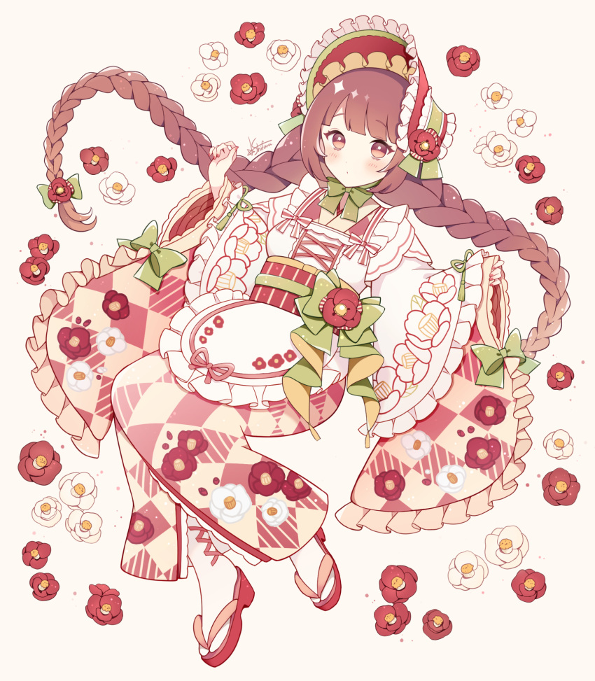 1girl apron argyle argyle_kimono arms_behind_back bangs blunt_bangs blush bonnet bow braid brown_eyes brown_hair camellia cross-laced_clothes cross-laced_legwear dot_mouth dress floral_print flower frills gradient_hair highres japanese_clothes kimono lolita_fashion long_dress long_hair long_sleeves looking_at_viewer maid_apron multicolored_hair neck_ribbon original pantyhose ribbon sleeve_ribbon solo star_furu striped striped_bow twin_braids very_long_hair wa_lolita wide_sleeves