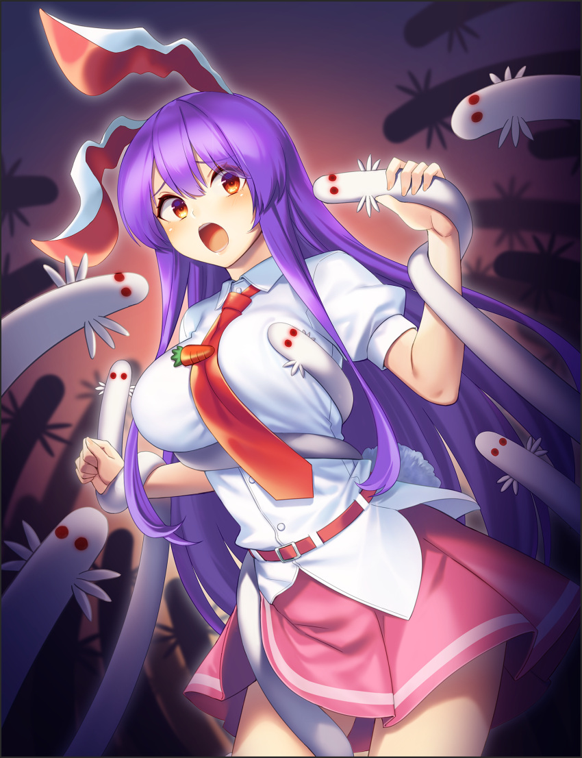 1girl :o animal_ears bangs belt belt_buckle blush breasts buckle buttons carrot_pin collared_shirt commentary_request furrowed_brow hair_between_eyes highres kune-kune large_breasts long_hair looking_at_viewer miniskirt necktie open_mouth pink_skirt puffy_short_sleeves puffy_sleeves purple_hair rabbit_ears rabbit_tail red_belt red_eyes red_necktie reisen_udongein_inaba restrained shirt short_sleeves sidelocks skirt solo tail tarmo touhou urban_legend_in_limbo white_shirt wing_collar