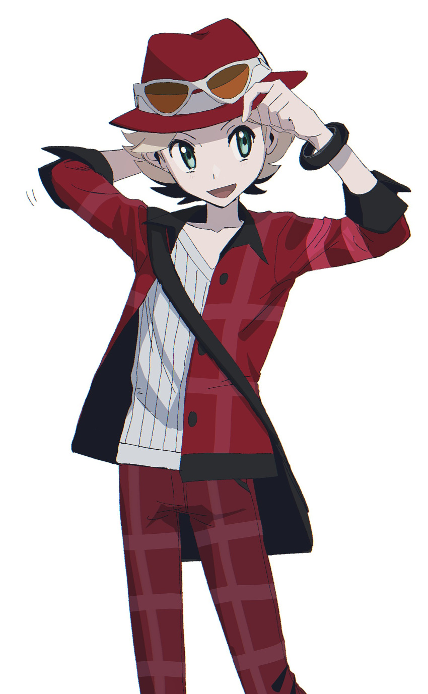 1boy :d absurdres alternate_costume asagiri_kogen blonde_hair bracelet buttons calem_(pokemon) eyewear_on_headwear green_eyes hands_up hat highres jacket jewelry male_focus open_mouth pants plaid plaid_pants pokemon pokemon_(game) pokemon_xy red_headwear red_jacket red_pants ribbed_shirt shirt short_hair smile solo sunglasses tongue white-framed_eyewear