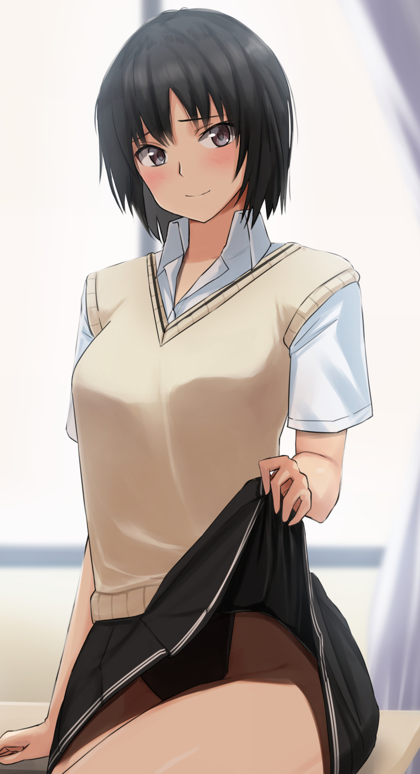1girl amagami black_hair black_skirt black_swimsuit blush brown_eyes brown_sweater_vest classroom closed_mouth clothes_lift commentary competition_swimsuit curtains desk dress_shirt highleg highleg_swimsuit highres kibito_high_school_uniform lifted_by_self nanasaki_ai on_desk one-piece_swimsuit raised_eyebrows school_uniform shirt short_hair short_sleeves sitting skirt skirt_lift smile solo sweater_vest swimsuit swimsuit_under_clothes white_shirt window ykh1028
