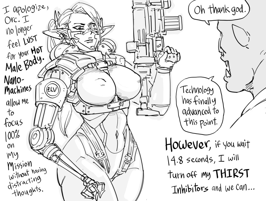 1boy 1girl absurdres bb_(baalbuddy) breasts cyborg elf english_commentary english_text greyscale gun highres holding holding_gun holding_weapon large_breasts mechanical_arms monochrome orc original pointing pointing_up pointy_ears simple_background single_mechanical_arm speech_bubble weapon white_background