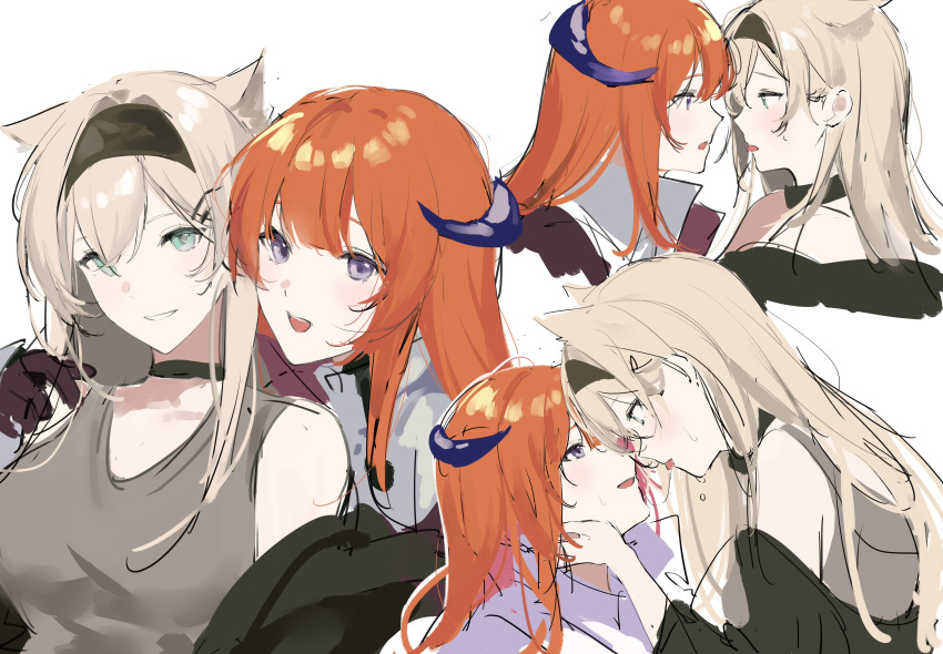 2girls absurdres animal_ears aqua_eyes arknights bagpipe_(arknights) bangs bare_shoulders black_choker black_hairband blonde_hair choker eye_contact grey_shirt grin hairband hand_on_another's_shoulder highres horn_(arknights) horns imminent_kiss joshua_(shisanli934) long_hair looking_at_another looking_at_viewer multiple_girls multiple_views off_shoulder open_mouth orange_hair saliva saliva_trail shirt simple_background sleeveless sleeveless_shirt smile tongue tongue_out upper_body violet_eyes white_background wolf_ears yuri