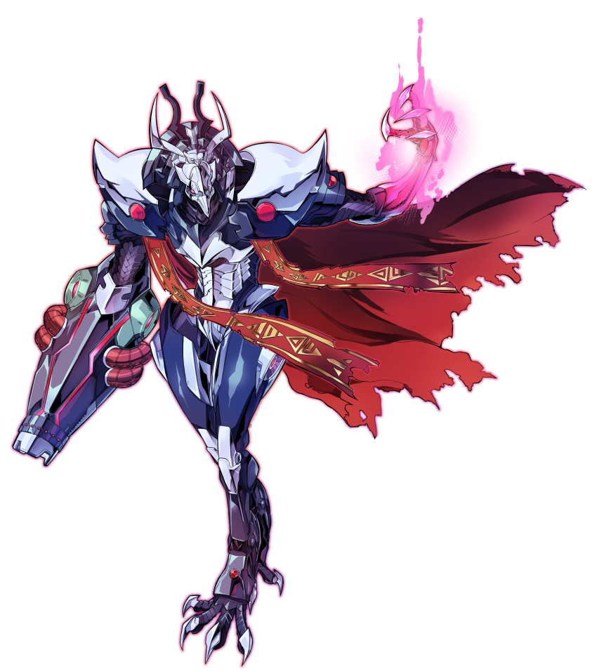 absurdres arm_cannon cape commission english_commentary glowing glowing_hand highres horns looking_to_the_side metroid metroid_dread no_humans open_hand pillar_buster raven_beak_(metroid) red_cape science_fiction solo weapon white_background