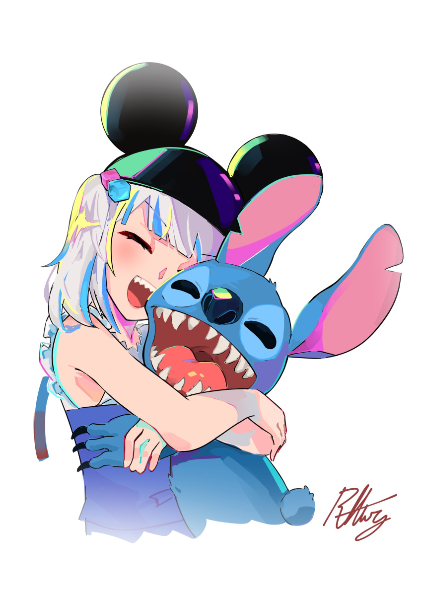 1boy 1girl absurdres alien blue_hair closed_eyes cosplay crossover disney gawr_gura hair_ornament hat hat_with_ears highres hololive hololive_english hug lilo_&amp;_stitch mickey_mouse mickey_mouse_(cosplay) mickey_mouse_ears multicolored_hair radical_highway shark_girl sharp_teeth simple_background stitch_(lilo_&amp;_stitch) streaked_hair teeth virtual_youtuber watermark white_background white_hair