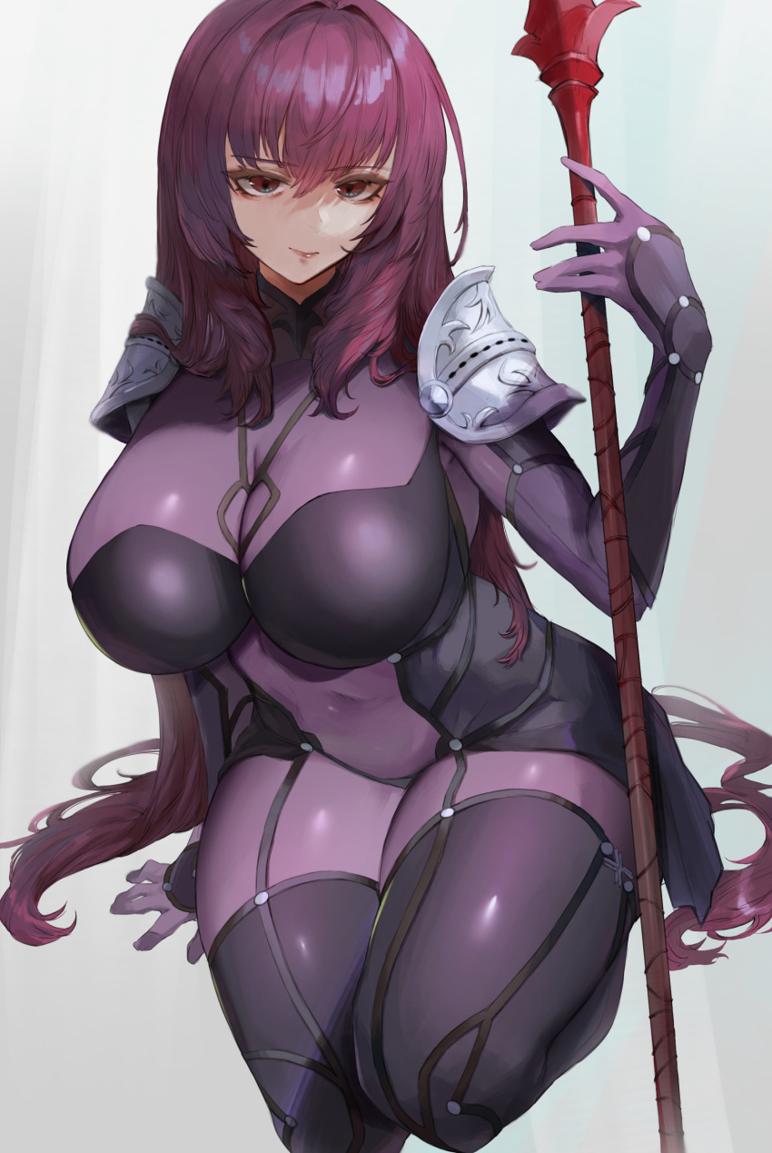 1girl absurdres armor bangs bodysuit breasts covered_navel fate/grand_order fate_(series) gae_bolg_(fate) hair_between_eyes highres kataku_musou large_breasts long_hair looking_at_viewer pauldrons polearm purple_bodysuit purple_hair red_eyes scathach_(fate) seiza shoulder_armor sitting solo spear thighs weapon white_background
