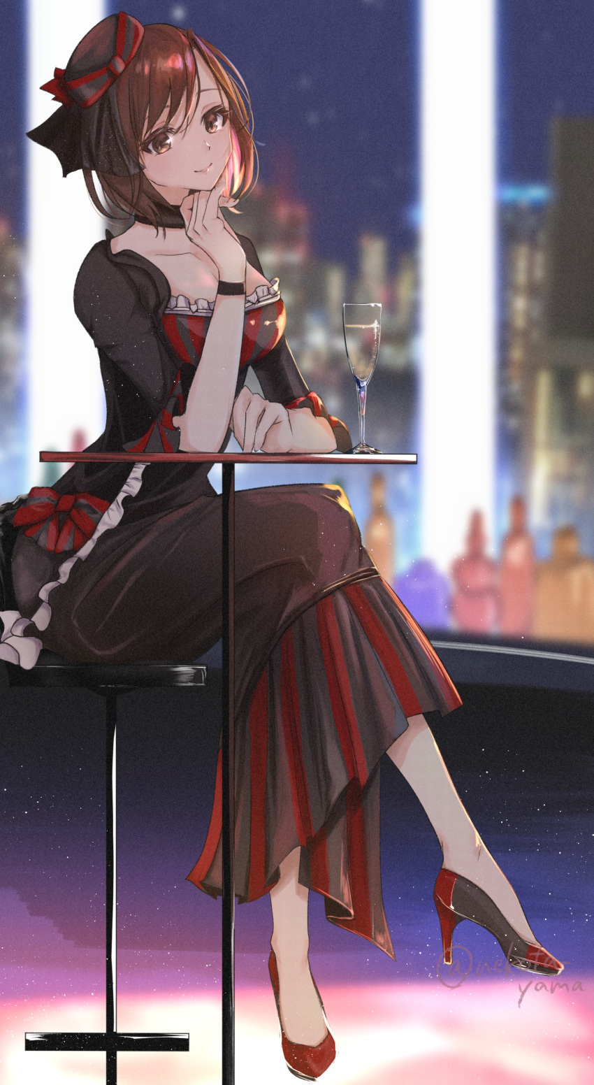 1girl absurdres blurry blurry_background bow breasts brown_eyes brown_hair champagne_flute choker crossed_legs cup drinking_glass hair_bow head_rest high_heels highres looking_at_viewer medium_breasts meiko nekota_yama skyline smile solo table vocaloid